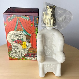 AVON “SITTING PRETTY”…”Somewhere” Cologne…4 Fluid Oz…White Glass Chair Bottle with Gold Cat Lid Topper...Full…Original Box…Vintage #700