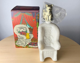 AVON “SITTING PRETTY”…”Somewhere” Cologne…4 Fluid Oz…White Glass Chair Bottle with Gold Cat Lid Topper...Full…Original Box…Vintage #700