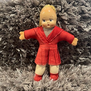 ANTIQUE CELLULOID DOLL…Red Outfit with Blue and White Striped Shirt…Hard Body…Yarn Hair…Hand-Painted and Hand Sewn…Beautiful! 1920s #629