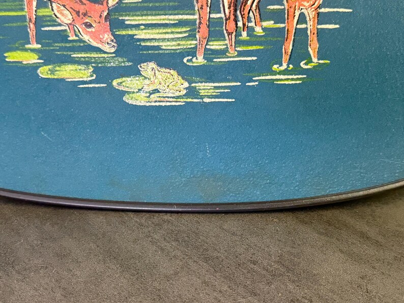 May include: A teal-colored decorative plate with a painted scene of deer in a pond. The deer are brown and white, and the pond has green lily pads and a yellow frog. The plate has a black rim.