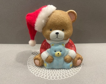 BEAR MUSIC BOX…Christmas Bears…Aldon Accessories…Porcelain Bear with Fur Santa Hat…Blue Teddy Bear…“Jingle Bells”…Bottom Winder…1990 #618
