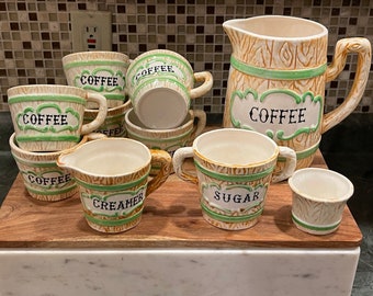 COFFEE POT SET…Ceramic…Set of 10…Coffee Pourer, Sugar and Creamer, 6 Coffee Cups and  Ramekin…Scroll Design, Faux Wood…Vintage #wb