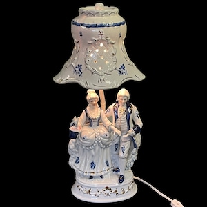 VICTORIAN COUPLE LAMP…Large… 19 1/2”…Porcelain/Table/Accent Lamp…Blue, White and Gold…Electric…Pierced Holes for Light…Taiwan 1950s/60s #W.U