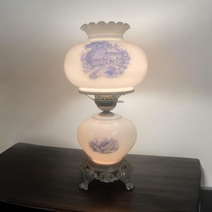 COUNTRY TABLE LAMP…Extra Large…Oversized Shade…Gone with the Wind…3-Way Lighting…Ruffled Shade…Glass Hurricane…Key Turn…Metal Base…1960s