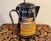 METAL COFFEE POT Black Metal Hand Painted Cabinet, Coffee Grinder and Bag of Beans Vintage Piece