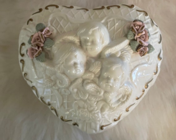 LARGE CUPID DISH…Heart Shaped,..Applied Flowers…T… - image 1