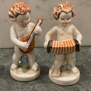 PORCELAIN MUSICAL CHERUB Figurines…Set of 2…Small Vintage Pair…Accordion and Mandolin…Collectible Cherubs…AF16…1940s…Germany #937