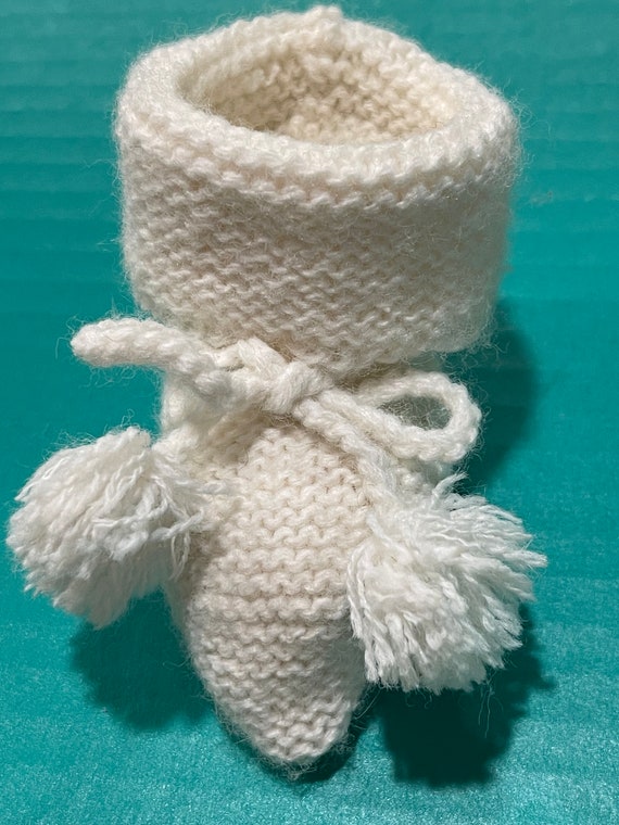 KNITTED BABY BOOTIES…Handmade…White…Pompoms…Ties…… - image 5