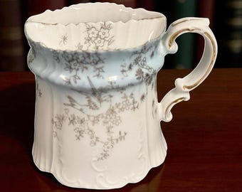 FLORAL SHAVING MUG…Gold Bird and Outlined Flowers…Divided Cup… Drainage Holes…Blue & White…Raised Scroll Designs…Ornate Handle…1940s #W.T.1