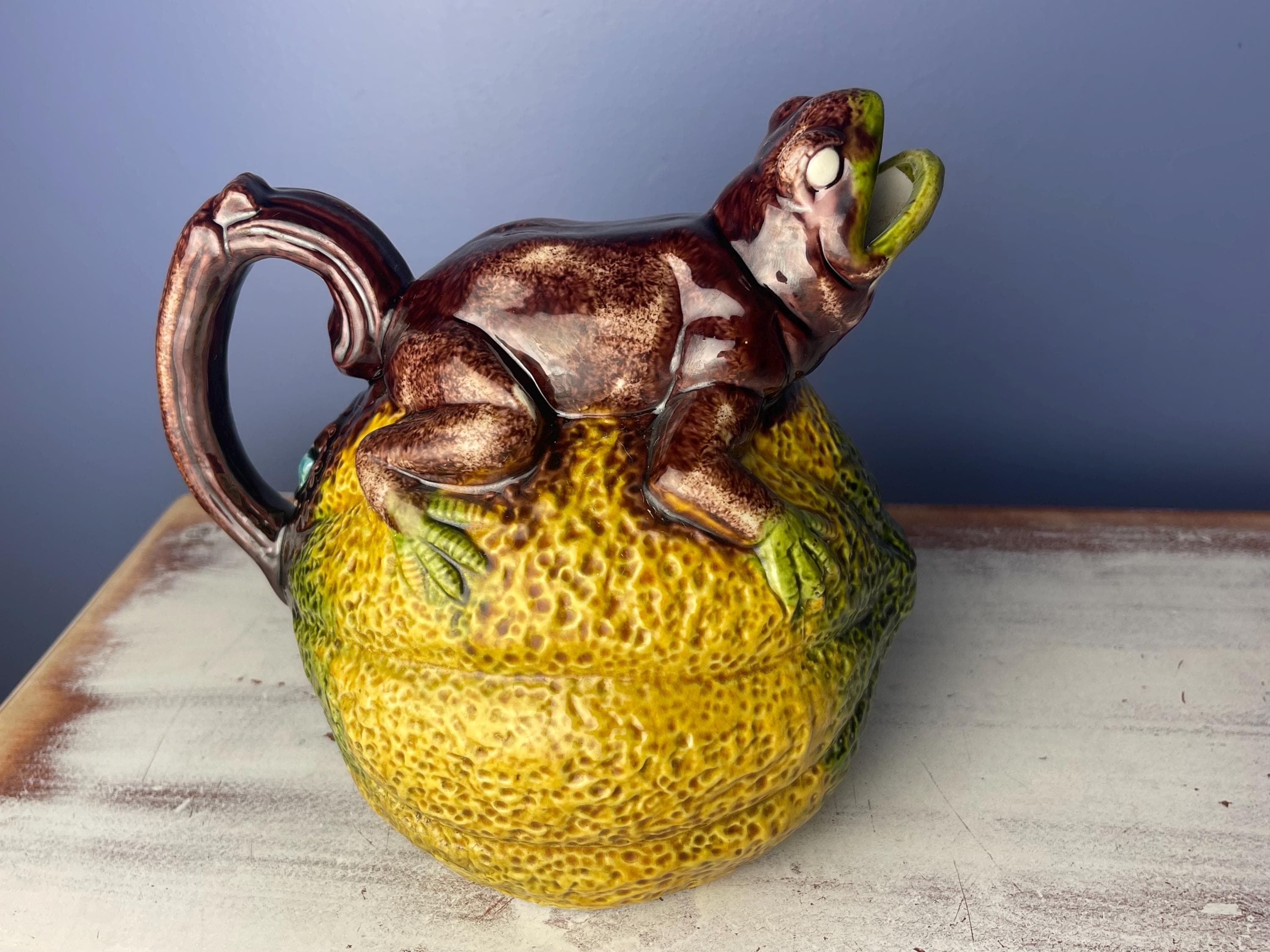 MAJOLICA FROG Pitcher…frog on a Melon…open Mouth Pourer…large Back