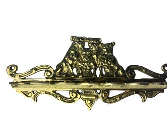 BULLDOG PIPE HOLDER…Holds 6 Pipes…Solid Brass…Heavyweight…4 Bulldogs…Raised Bar…Ornate…Scrolled…Smoking Rack…Tobacciana…Vintage #96