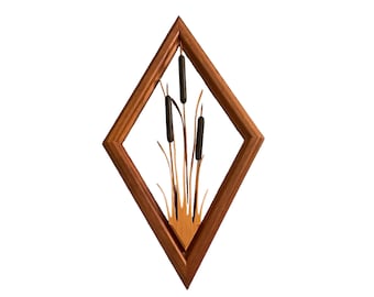 WOODEN CATTAIL SCULPTURE…Wooden Cattails and Grass Blades…Diamond Shaped…Wall Hanging…Nature Collectible…Home Decor…Taiwan…Vintage W.Bx2