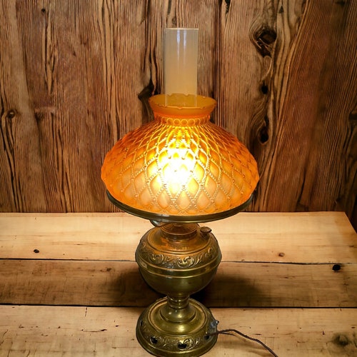 ALADDIN Lamp…amber Glass Shade…leaf & Scroll Design…metal Base