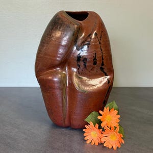 May include: A handcrafted, abstract-shaped ceramic vase in shades of brown and black. The vase has a glossy finish and a unique, organic form. Orange flowers with green leaves are placed in front of the vase. A decorative piece for home decor.