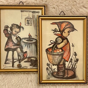 HUMMEL FRAMED PRINTS…Set of 2…Gold Frames, Built in Hangers, Glass Fronts…West Germany…1960s…Beautiful Set! #334