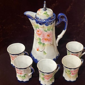 ANTIQUE CHOCOLATE POT and 5 Demitasse Cups…Nippon…Pitcher…Hand Painted…Cobalt Blue…Floral…Roses with Raised Painted Accents….Gold Gilt…1890s