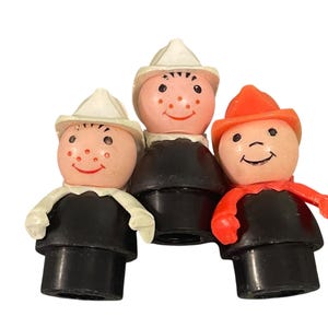 LITTLE PEOPLE…Fireman Series…Fisher Price…Set of 3…Freckles and Smiles…Attached Arms…Fireman Hats…Plastic…Peg Bottoms…Vintage Set #940s