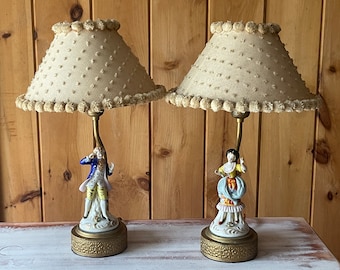 COLONIAL COUPLE LAMPS…Porcelain Boudoir Lamps…French Victorian Couple…Gold Bases…Vintage Pom Pom Lampshades…Regency Style…1920s-40s