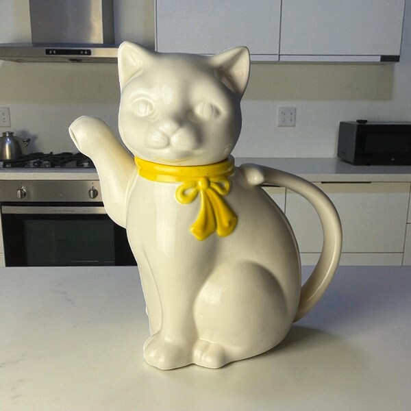 CAT TEAPOT…White Ceramic…Removable Head…Tail Handle…Leg/Paw Pourer…Yellow Neck Bow…Collectible Tea Pot…1970s #W.Bx20