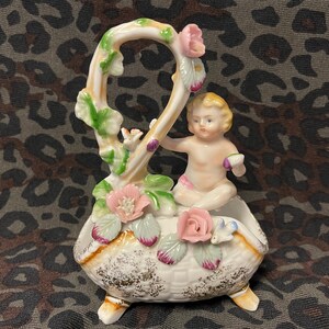 UCAGCO PORCELAIN VASE…1930s…Hand Painted…Child Atop Curved Hollow Vase…Birds, Flowers, Gold Accents…Japan #177
