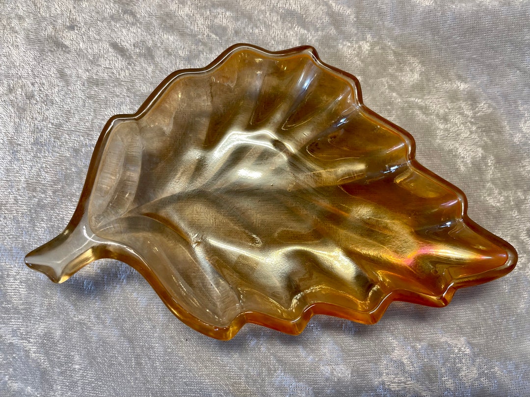 CARNIVAL GLASS LEAF Dish...leaf Shapedmarigoldhues of Rainbow 1950s