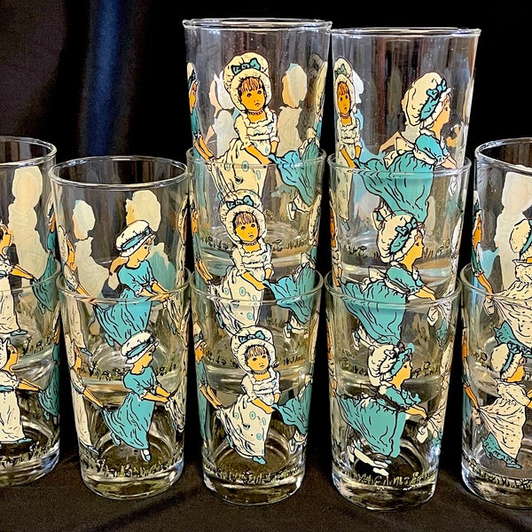PRAIRIE GIRL GLASSES…Set of 12 Juice Glasses…5 Prairie Girls Holding On To Each Other’s Dresses…Vintage Set…Adorable! #W.U.