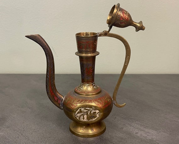 Unique Enamel Brass Teapot, Vintage Kettle With Beautiful Ornate
