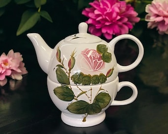 FLORAL STACKING TEASET…Pink Roses and Greenery…Tea for One…Stacking Teapot and Handled Cup…Removable Lid…Double Handles…Vintage