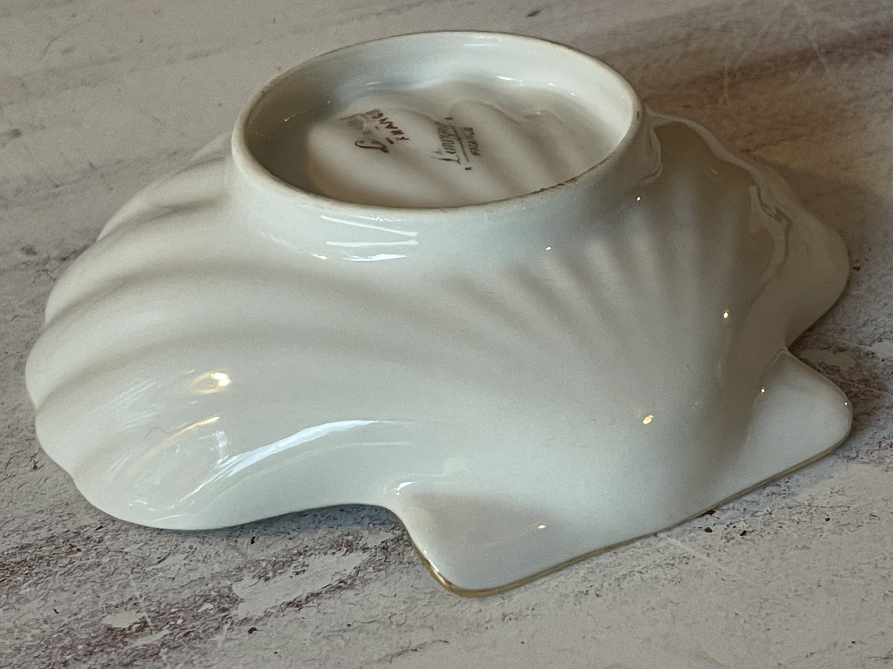 LIMOGES SHELL Dish…limoges France…porcelain…floral…scalloped, Gold