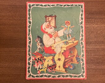 WHITMAN SANTA PUZZLE…1950s Tray Puzzle…Whitman Publishing…Santa at his Work Bench…2620:29...Horse, Star, Bell, Airplane Shapes...U.S.A.#PzBx