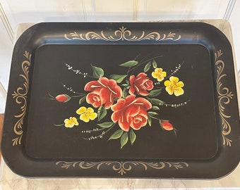 FLORAL TOLE TRAY…Hand Painted Roses and Yellow Flowers…Black Tray with Rounded Edges…Gold Scroll Designs…1960s #819