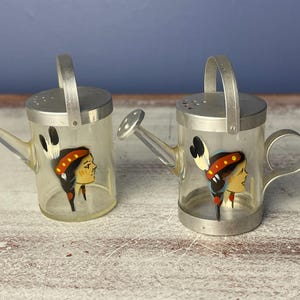May include: Two vintage glass salt and pepper shakers shaped like watering cans with a Native American woman design. The shakers are silver with a clear glass body and a silver lid with holes.