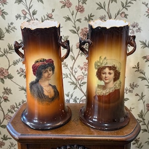 VICTORIAN PORTRAIT VASES…Set of 2…Warwick I.O.G.A…Large, Antique Porcelain Vases…Ornate Handles…”Consuelo” & “Grismonda”…1893-1911 *Repair