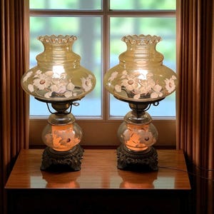 FLORAL GLASS LAMPS…Light Amber Glass…Gone with the Wind…3-Way Lighting…White Painted Flowers…Ruffled Shades…Metal…Footed Bases…1960s #Wcl