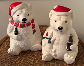 COCA-COLA COOKIEJARS…Set of 2…Teleflora, The Coca-Cola Co…Large White Polar Bears with Bottles of Coke…Holding Bear Cub 1986&1988 #000Bx26
