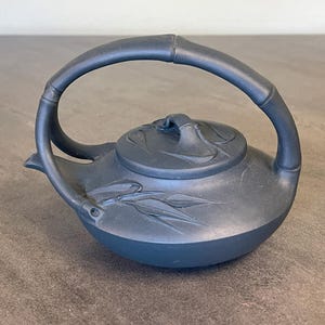 YIXING CLAY TEAPOT…Zisha…Bamboo Design…Hand Crafted…Blue…Leaf Design, Large Handle, Lid Handle, Flat Spout…Character Seals…China