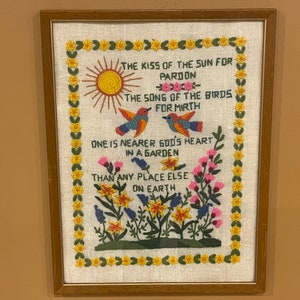 EMBROIDERY/CREWEL FRAMED Art…13” x 17”…”Kiss of the Sun” Poem…Flowers, Birds, Flower Patch…Wallhanging…Retro Wall Art…Canvas…Vintage #W.H.