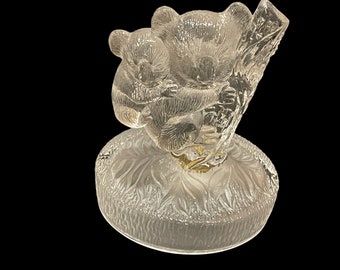 CRYSTAL KOALA SCULPTURE…Oneida Capri Collection….Heavyweight Crystal…Koala Carries Baby on Tree Branch…Round Base…Italy Vintage #W.T.