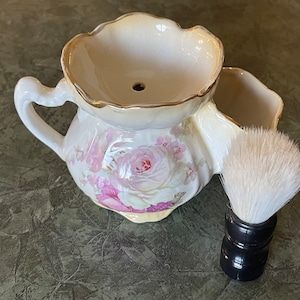 SHAVING MUG & BRUSH…James Kent…Staffordshire England…Floral Shaving Mug…Roses…Gold Rims…Ornate Side Handle…Plastic Shaving Brush…1930s #708