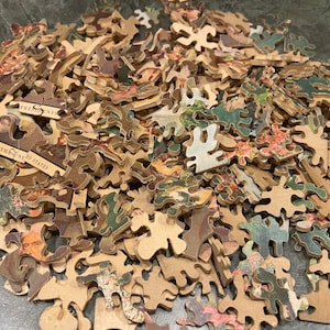 WOODEN PUZZLE PIECES…Crafting…Repurpose…Over 200 Thick, Hand Cut Pieces From Multiple Vintage Puzzles…Various Colors, Print and Sizes #4