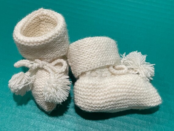 KNITTED BABY BOOTIES…Handmade…White…Pompoms…Ties…… - image 4