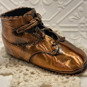 BRONZED BABY SHOE…Single Bronzed Lace Up Baby Shoe with Laces Dipped in Bronze…For Plants, Artificial Flowers/Home Decor…1950s. #758