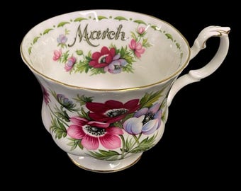 MARCH TEA CUP…Royal Albert…Colorful Anemones…Ornate Handle…Gold Accents…Inner Design…Bone China…Flower of the Month Series…England…Vintage