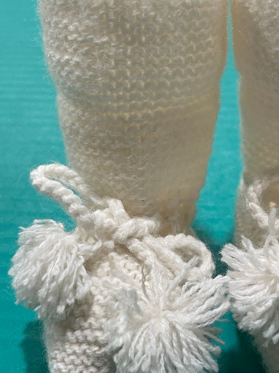 KNITTED BABY BOOTIES…Handmade…White…Pompoms…Ties…… - image 6