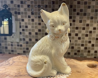 CERAMIC CAT FIGURINE…White and Gold…Formalities by Baum Bros…Flowers…Gold Eyes, Ear Tips, Tail Tips and Flower Accents…Vintage #61