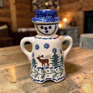 POLISH FOLKART SHAKER… 503…Deer, Tree and Snowflake Design…Blue & White Top Hat...Dispensing Holes…Hand Made Pottery…Vintage #W.T4