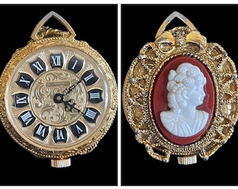 CAMEO Pendant Watch…Lucerne…Gold Metal…Costume Jewelry…Swiss Made…Figural…White Lady Head…Roman Numeral…Reversible…Vintage