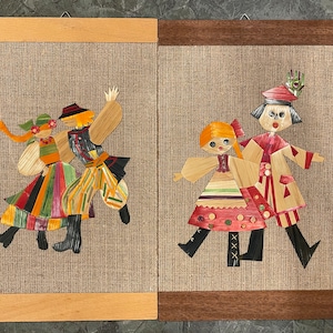 STRAW WALL ART…Hanging…Couples…Set of 2…Colorful Straw…Burlap…Straw People…Particle Board Backing…Wood…Boho Retro Art…1970s #744