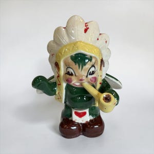 ANTHROPOMORPHIC NATIVE AMERICAN Figurine…Pottery, Liquid Clear Glaze, Cold Paint…Pipe, Headdress, Back Wings…Occupied Japan 1940s #W.U.tbles