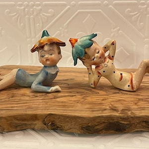 PIXIE/SPRITE FIGURINES…Whimsical/Mythical… Set of 2…Petal Hats…Kitschy…Hand Painted…Occupied Japan…1940s…Rare find!